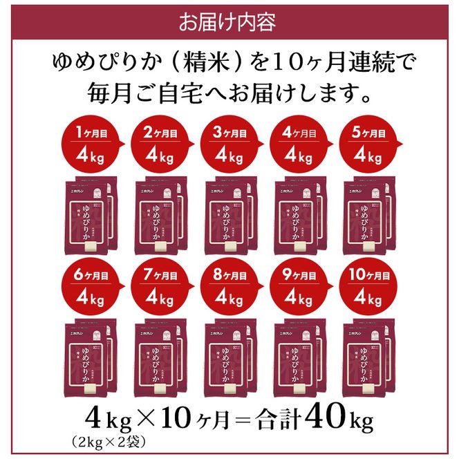 10ヵ月 定期便 (精米4kg)ホクレンゆめぴりか(精米2kg×2袋)袋はチャック付 チャック付き 認定マーク付き 米 お米 白米 ごはん ご飯 ライス 和食 炭水化物 主食 おにぎり お弁当  [JA新おたる]