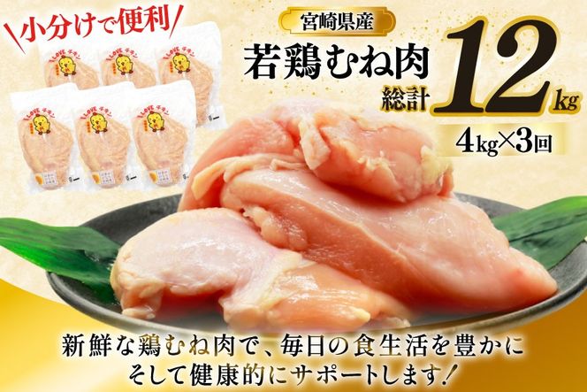 鶏肉 定期便 むね肉 若鶏 鶏むね肉 4kg 3回 総計12kg [ミヤケイフード 宮崎県 美郷町 31bp0016] 鶏むね 鶏胸 むね 冷凍 小分け