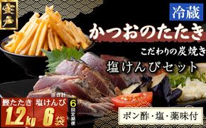 【６回定期便】 炭焼きかつおのたたき　塩けんぴ１袋セット　カット済　200g　薬味付き　1.5～2人前　カツオのたたき 鰹 カツオ たたき 海鮮 冷蔵 訳あり 惣菜 魚介 お手軽 おかず 高知県  室戸 お菓子 和菓子 さつまいもスイーツ 芋けんぴ 小袋 個包装 常温保存可能