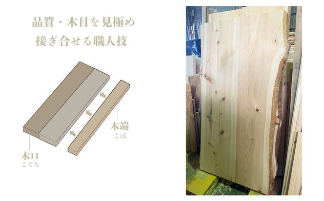 三重県 尾鷲（オワセ）ヒノキ使用、職人技「伊勢逢わせ」一枚板テーブル　幅1,800×奥行750～850×高さ約720㎜　【家具 インテリア 一枚板 おすすめ ブランド メーカー オーダーメイド 手作り おしゃれ 木 テーブル ダイニング 家族 一人暮らし 脚 天板 新生活 引越し 椅子 イス ブルック 三重県 四日市市 ふるさと納税】