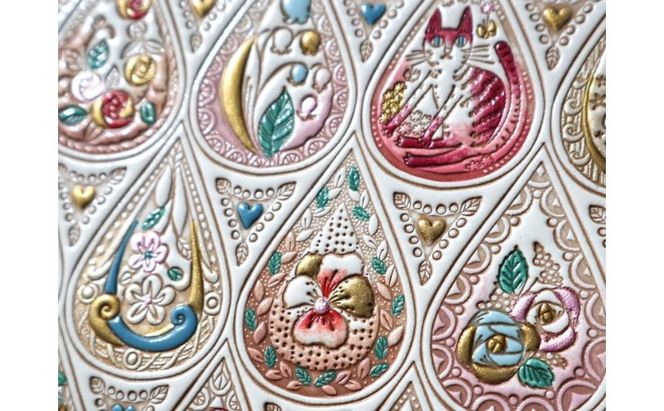 【文庫屋大関】パーソナルホルダー　花と猫＜ローズ＞【皮革工芸品】 民芸品 雑貨 日用品 ファイル 多用途 牛革 