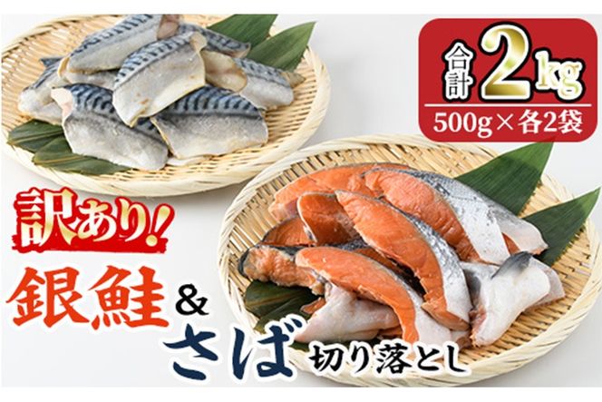 ＜訳あり＞ 甘塩 銀鮭と骨取りサバの切り落としセット(合計2kg・500g×各2袋) 小分け 切り身 鯖 さば 骨なし 骨取り済 さけ 鮭 しゃけ  鮭切身 カット済 簡単 魚 海鮮  お弁当 おかず 【KI-26】【イチマル食品加工】
