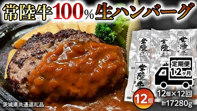 【茨城県共通返礼品】【12ヶ月定期便】 黒毛和牛 常陸牛 100% 特製 プレミアム 生ハンバーグ 120g×12個入り 合計1,440g 八千代町産 白菜 使用 無添加 無着色 保存料不使用 冷凍 牛 牛肉 ビーフ 生 ハンバーグ こだわり [AU059ya]