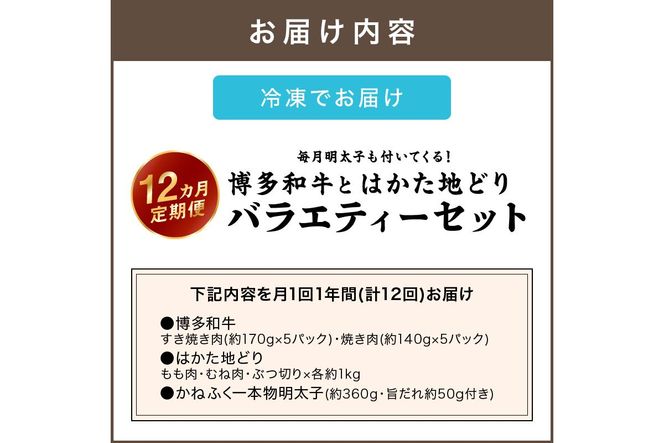 【S-019】博多和牛＆はかた地どり バラエティーセット(明太子付き)【12カ月定期便】