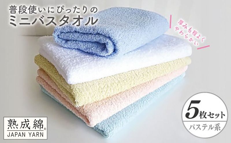 knt0045 [スピード発送]泉州タオル「普段使いにぴったりのミニバスタオル」5枚セット(パステル系)[泉州タオル 国産 吸水 普段使い 無地 シンプル 日用品 家族 ファミリー]