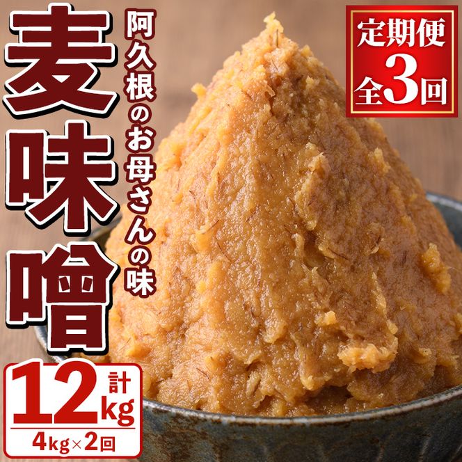＜定期便・全3回＞ お母さんのおいしい麦味噌 (計12kg・4kg×3回) みそ 調味料 味噌 みそ汁 手作り 味噌汁 お味噌汁 朝ごはん ミソ 小分け 母の味 定期便 【阿久根市生活研究グループ】akn072-05