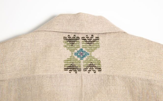 サマーシャツ（サンドベージュ / メンズ）琉球織物 縫取（てぃばな）花織 ファッション フォーマル カジュアル 冠婚葬祭 / 沖縄市 FABRIC SHOP MINAMI[BCCS014]
