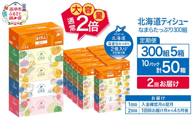 【2回お届け 計100箱】エリエール 北海道 ティシュー なまらたっぷり 300組5箱 10パック 大容量 まとめ買い 防災 常備品 備蓄品 消耗品 日用品 生活必需品 送料無料 赤平市 ストック 
