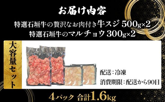 【2025年11月以降順次発送】特選石垣牛の牛スジとマルチョウをご家庭で！！牛スジ500g×2、マルチョウ300ｇ×2の大容量セット
