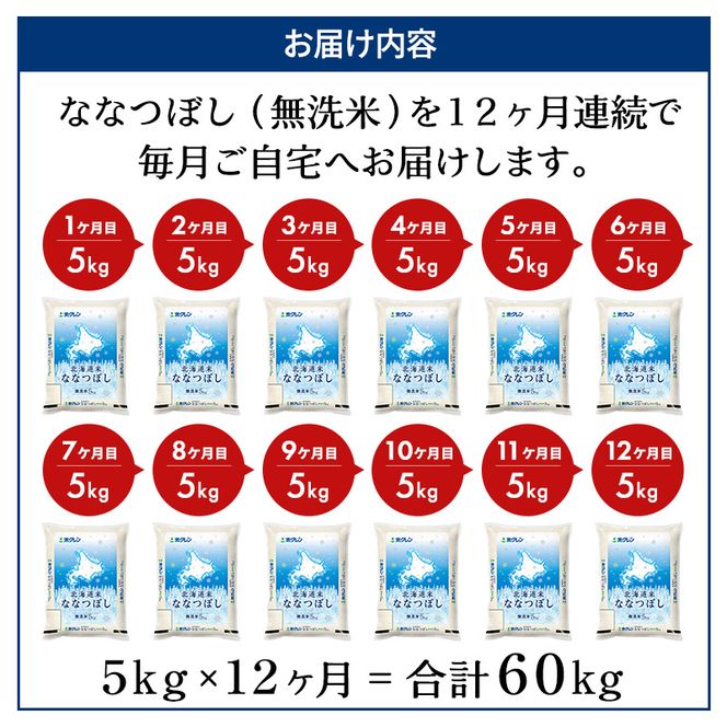 12ヵ月 定期便 ホクレン北海道ななつぼし（無洗米5kg） お米  米 ごはん 無洗米 白米 国産 北海道 こめ コメ 12回 [JA新おたる]