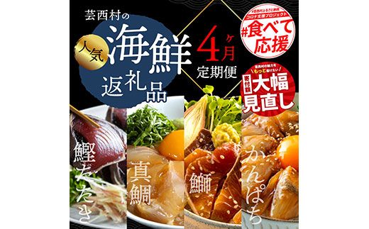 t022kyf　海鮮 芸西村4ヵ月連続定期便 人気海鮮返礼品を集めた定期便／1回目：訳ありかつおたたき1.5kg、2回目：真鯛の漬け丼、3回目：ブリ漬け丼、4回目：かんぱち漬け丼 高知 土佐 かつおたたき 訳あり 訳 お楽しみ〈高知県・高知市共通返礼品〉