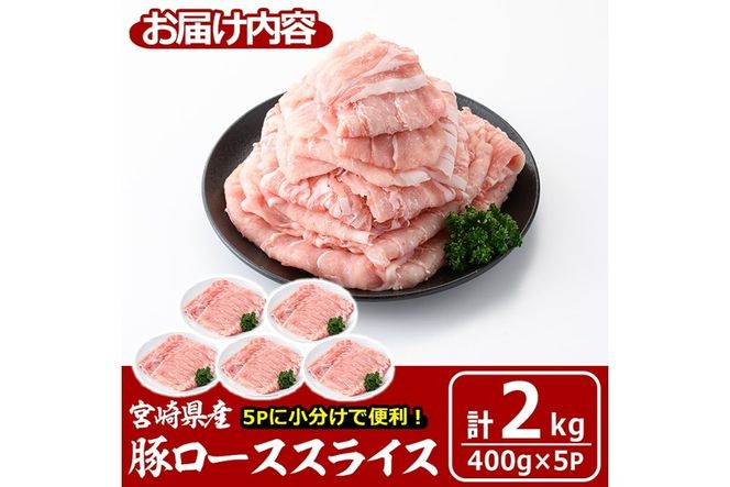 宮崎県産 豚 ロース スライス(計2kg・400g×5パック)豚肉 お肉 しゃぶしゃぶ 鍋 生姜焼き 数量限定 国産 冷凍 小分け【MF-56】【エムファーム】