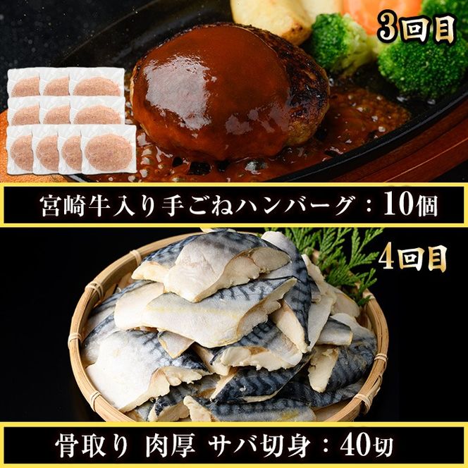 ＜定期便・全6回(連続)＞さかなのまち 門川 こだわり 定期便 (特大 あじ 開き・味付け すりみ 2種・宮崎牛 入り ハンバーグ・骨取り 肉厚 サバ切身・中国産 うなぎ 蒲焼・訳あり からすみ)アジ さば おかず 惣菜 骨とり 宮崎県 門川町【AW-65】【丸正水産】