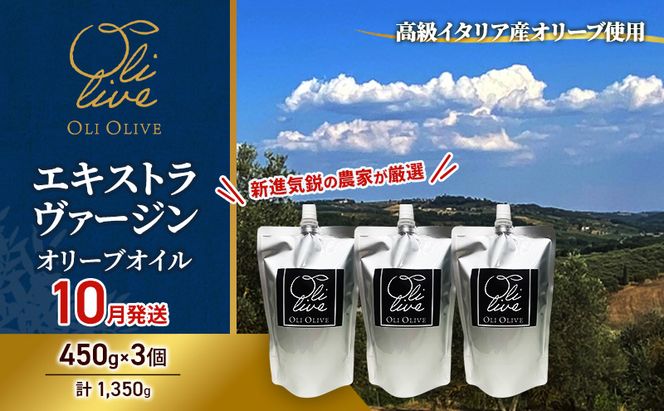高級イタリア産 エキストラ・ヴァージン・オリーブオイル 450g×3個【2026年10月中旬より順次発送】調味料 油 オリーブ油 食用油 静岡県 袋井市