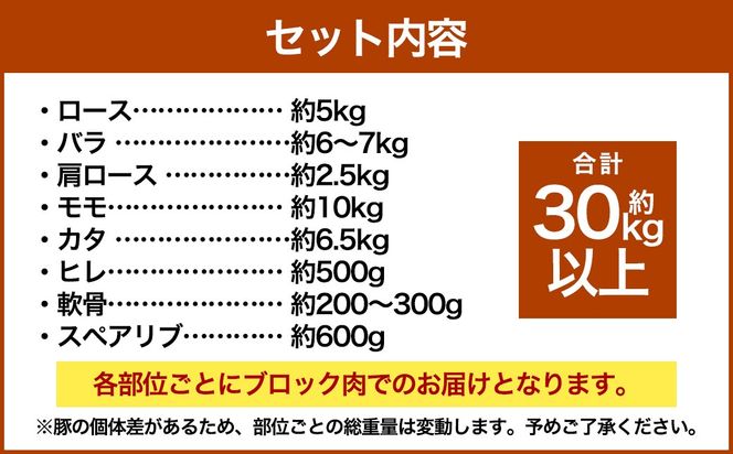 【豚半頭分！】完全無薬！梅肉エキス肥育 熊本県産 天草梅肉ポーク 食べ尽くしセット 半頭 約30kg以上 肉 お肉 豚肉 ポーク 詰め合わせ セット 冷凍 熊本県 上天草市
