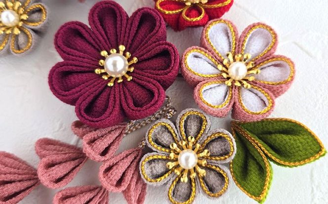 【つまみ細工の髪飾り　シックカラー金縁】10点セット《築上町》【恋桜】　成人式　七五三　結婚式　卒業式　前撮り[ABEK002]