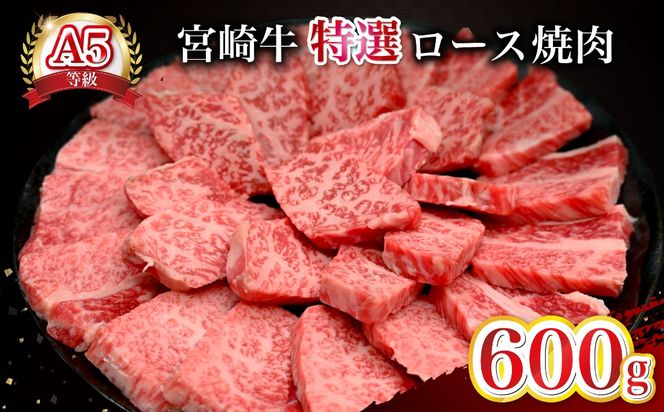 【新鮮チルド発送!!】A5等級宮崎牛特選ロース焼肉 600g（黒毛和牛 牛肉 宮崎牛 ロース 霜降り 赤身 焼肉用 宮崎県）