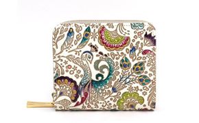 【文庫屋大関】二つ折りファスナーミニ財布 孔雀【皮革工芸品】財布 二つ折り 小物 お札 カード 小銭 コンパクト 牛革 手作り 日本製 墨田区 東京都