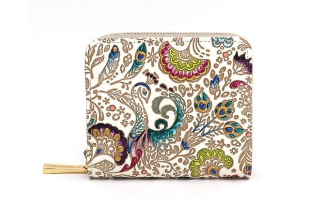 【文庫屋大関】二つ折りファスナーミニ財布 孔雀【皮革工芸品】財布 二つ折り 小物 お札 カード 小銭 コンパクト 牛革 手作り 日本製 墨田区 東京都