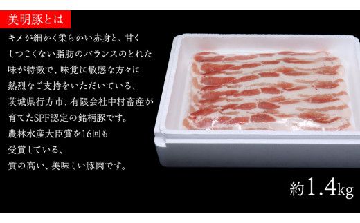 【 全3回 隔月 定期便 】美明豚 バラスライス 約1.4kg （茨城県共通返礼品：行方市） びめいとん ビメイトン ブランド豚 銘柄豚 豚 豚肉 肉 茨城県産 国産 冷凍 豚バラ [EQ009us]