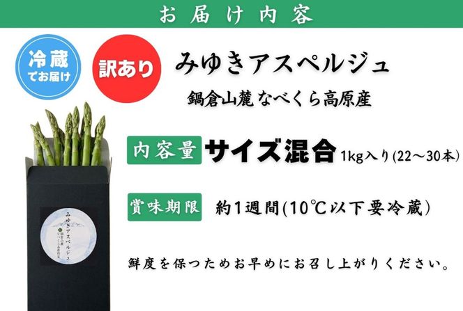 【令和9年産先行予約】＼訳あり／アスパラガス みゆきアスペルジュ サイズ混合 1kg入り(22〜30本)《出荷時期：2027年5月中旬頃〜》株式会社ForestDoor  (Ce-010)