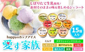 愛す家族 カップアイス 15個入り 選べるフレーバー 笠岡ジェラート 工房ハッピーのカップアイス ハッピー＆甲和株式会社 ジェラート アイス ミルク たたらシャインマスカット 清水白桃 いちご  瀬戸内バナナ マンゴー  岡山県 笠岡市---B-20a---