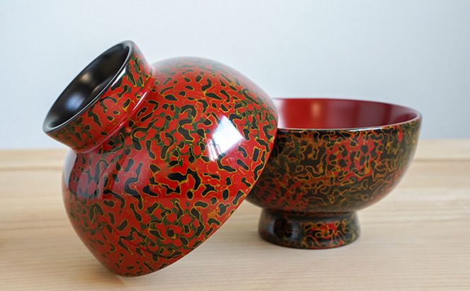 津軽塗　夫婦汁椀セット・唐塗 黒口呂上・赤上 食器 工芸品 伝統技術 手作り 