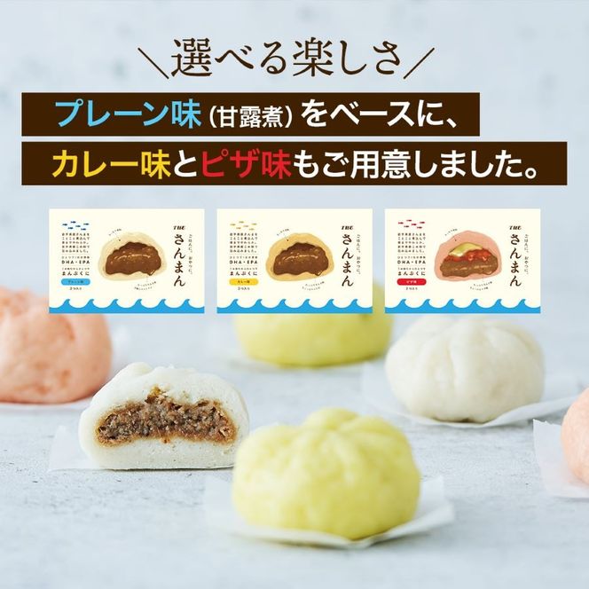 さんまんバラエティセット 3箱 セット (1箱 100g 2つ入り 計6個) プレーン味 カレー味 ピザ味 冷凍 惣菜 軽食 おやつ 朝食 点心 中華まん 肉まん ピザまん カレーまん 大船渡 三陸 岩手県【oikawa030】