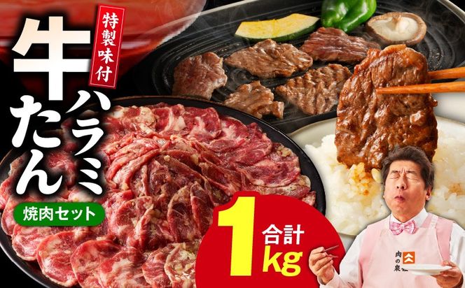 099Z444 【定期便】牛タン＆牛ハラミ お試し 1kg 焼肉セット【成型牛たん ハラミ 味付き 牛肉 やきにく BBQ 薄切り スライス 訳あり サイズ不揃い 2026年2月＆5月発送 全2回】