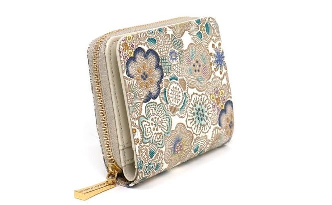 【文庫屋大関】二つ折りファスナーミニ財布 春らんまん＜瑠璃＞【皮革工芸品】財布 二つ折り 小物 お札 カード 小銭 コンパクト 牛革 手作り 日本製 墨田区 東京都