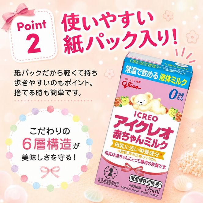 赤ちゃん ミルク アイクレオ 125ml×18本 紙パック 液体ミルク 乳児用 新生児 乳製品 グリコ （  ベビー 常温 母乳に近い栄養成分 母乳代用品 そのまま飲める 母乳 成長 発育 健康 防災 災害 プレゼント 人気 おすすめ ） 福岡県朝倉市 