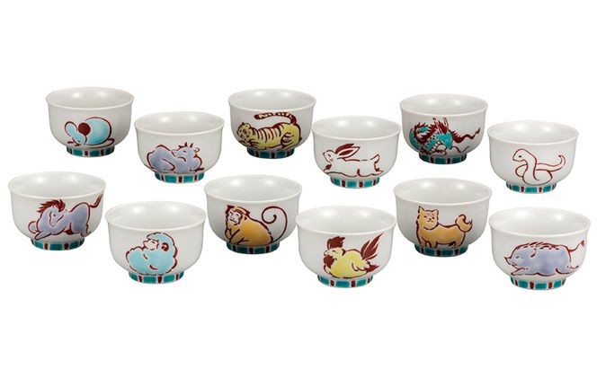 九谷焼　 組盃　朱彩十二支 