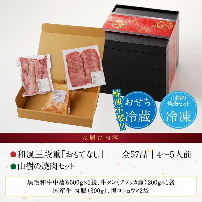 山樹の焼肉セット と 千賀屋謹製 迎春おせち料理 和風三段重「おもてなし」セット ［035S10-C］ 山樹 焼肉 セット 千賀屋 謹製 迎春 おせち 料理 和風 三段重 おもてなし 4人前 5人前 迎春セット 冷蔵おせち 牛タン ホルモン 黒毛和牛 カルビ 年末 年始 お取り寄せ 愛知県 小牧市 送料無料