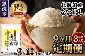 《R9年産先行予約》特A 北海道滝川産 ななつぼし無洗米 3kg 9ヵ月定期便 お米マイスター 新米 単一米 産地限定米 ブランド米 北海道産 白米 精米 米 こめ コメ お米 ご飯 おにぎり 生活応援 道産 むせんまい 限定 贈答