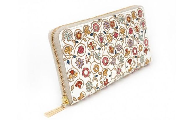 【文庫屋大関】 大容量　ぐるっとファスナーの長財布　金唐小花【皮革工芸品】 ファッション小物 民芸品 