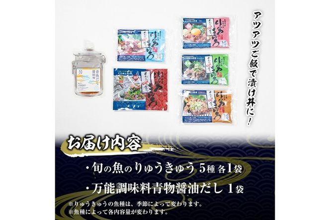 大将の今日のおすすめ！「旬の鮮魚りゅうきゅう5選と青物だし1個セット」詰め合わせ 魚 海鮮 簡単 りゅうきゅう 漬け丼 お茶漬け だし茶漬け 醤油 調味料 加工品 大分県 佐伯市 【GA003】【ポートラインサービス (有)】