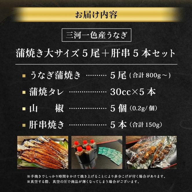 三河一色産 うなぎ蒲焼き 大5尾 ＋ 肝串焼き 5本 蒲焼タレ 肝串焼き 鰻 お魚 湯煎 惣菜 セット 簡単調理 冷凍 幸田町 送料無料