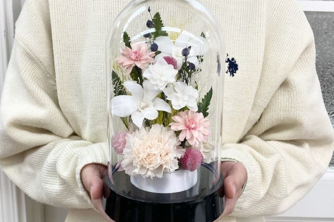 プリザーブドフラワー　栞（しおり）　桃【埼玉県 春日部市 ピンク系 ドームアレンジ お祝い 女性向け 贈り物 インテリア】（AJ279）