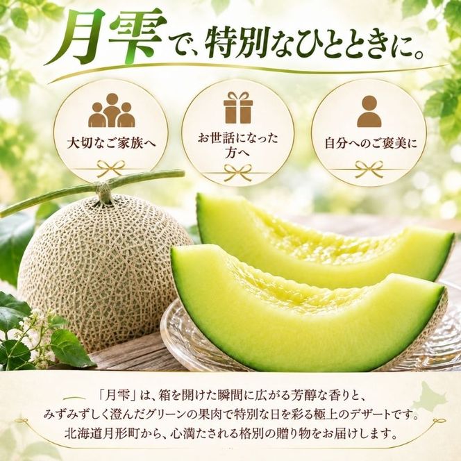 〈先行受付〉【2027年夏発送】北海道 青肉メロン 月雫 優品 4～6玉 計約8kg 令和9年 メロン 果物 フルーツ 旬 季節 希少 甘い 豊潤 国産 北海道産 デザート ご褒美 産地直送 産直 ギフト お祝い 贈答品 贈り物 御中元 お取寄