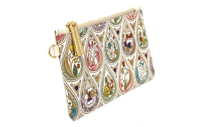 すっきり カードケース 花と猫ミックス 文庫屋大関 パスケース 小銭入れ フラグメントケース カード ケース 本革 牛革 革 皮革 スリム コンパクト 工芸品 工芸 雑貨 猫 グッズ チェーン ファスナー 日本製 東京