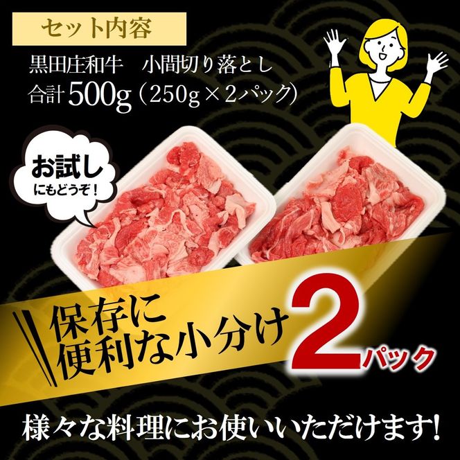【最短7営業日発送】【数量限定】訳あり 黒田庄和牛《神戸ビーフ素牛》（小間切り落とし500g）250g×2パック 小分け（tokusan-35）