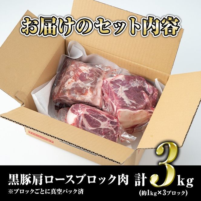 C0-07 鹿児島県産豚肉！黒豚ブロック肉(肩ロース)約1kg×3ブロック(計3kg)！筋繊維が細く、黒豚ならではのほどよい弾力性、上質な脂肪、甘さ、噛み心地の良さををご家庭で！【財宝】