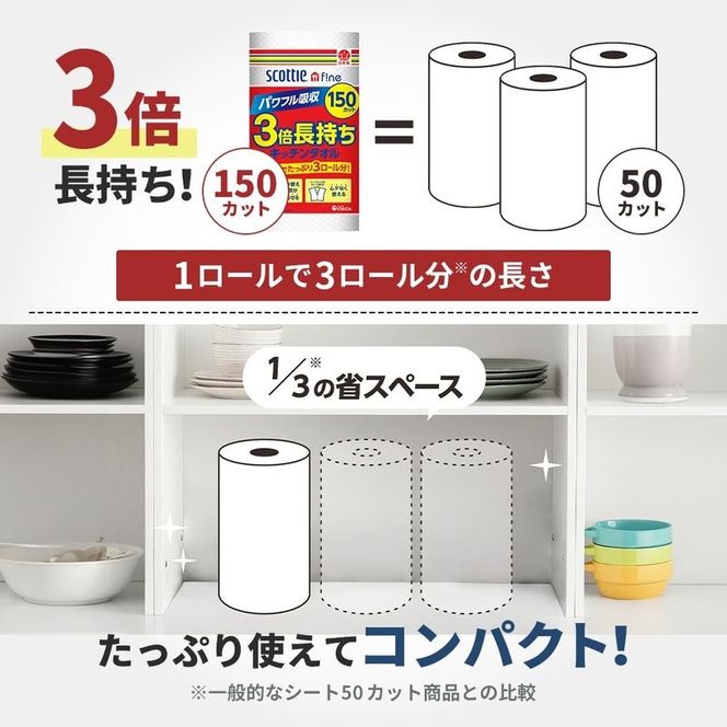【 6ヶ月ごと計 2回お届け 】キッチンペーパー 2パック入 スコッティ ファイン 1ロール 3倍 150カット トイレットペーパー シングル フラワーパック 8ロール (4ロール × 2パック)