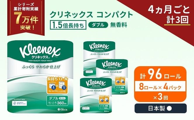 定期便 トイレットペーパー ダブル クリネックス コンパクト 1.5 倍巻き 8ロール入 × 4パック 無香料《 4ヶ月ごと 計  3回 》