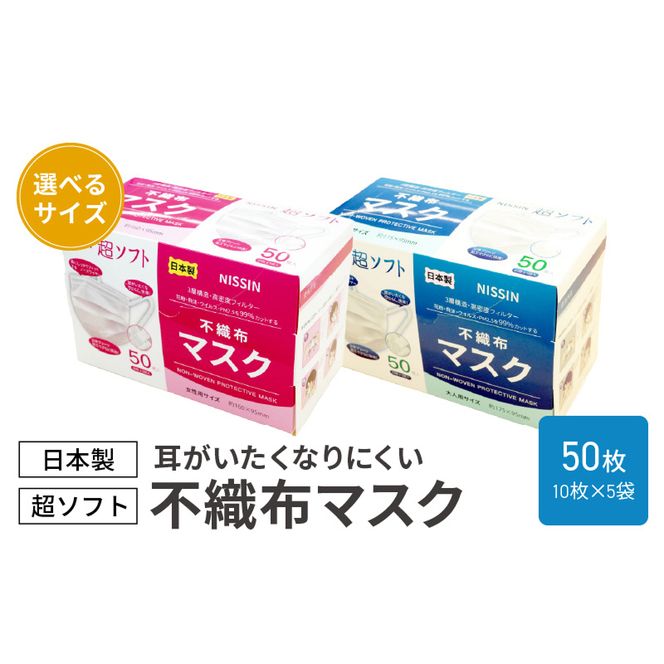 超ソフト 耳がいたくなりにくい不織布マスク（日本製） 50枚入（10枚×5袋入）【女性用サイズ/大人用サイズ】［169N01］超ソフト 不織布 マスク 日本製 高密度 花粉 飛沫 ウイルス PM2.5