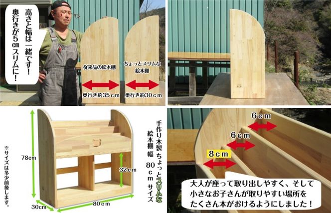 099H3548 手作り木製 ちょっとスリムな絵本棚 幅80cm