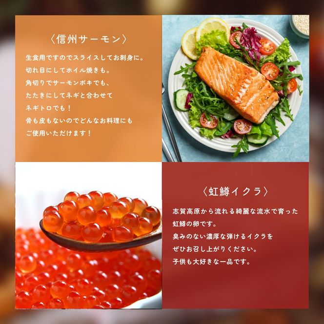 トロリとろける信州サーモン350g～400g（虹鱒×ブラウントラウト）と虹鱒イクラ醤油漬け150g 魚貝類 簡単調理 海鮮丼 程よい脂 生食用 刺身 魚卵 魚介セット 