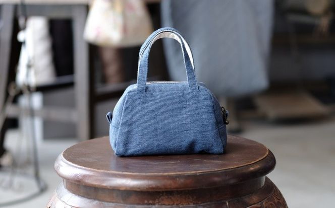 ヤシラミ花織 ランチポーチ 格子モダン (水色・オレンジ系織物) ハンドバッグ 手提げバッグ 小さめ おしゃれ レディース 沖縄市 / FABRIC SHOP MINAMI[BCCS001-01]