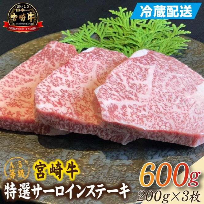 【新鮮チルド発送!!】A5等級宮崎牛特選サーロインステーキ 3枚 600g（黒毛和牛 牛肉 宮崎牛 A5 サーロイン ステーキ 焼肉 宮崎県）