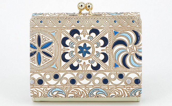 【文庫屋大関】三つ折りミニ財布　錦紗（青）【皮革工芸品】 ファッション 小物 民芸品 お札 カード 小銭 手のひらサイズ コンパクト 大人かわいい 牛革 手作り 国産 